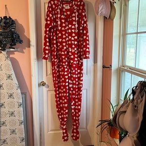Red Onesie PJs with White Hearts- Size M